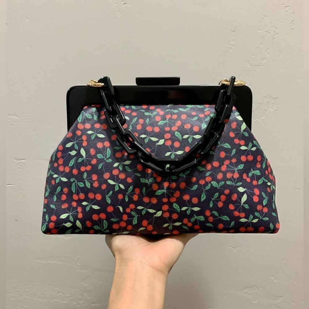 Handmade Genuine Leather Cherry-printed, Acrylic Frame Clutch/Wristlet/Crossbody